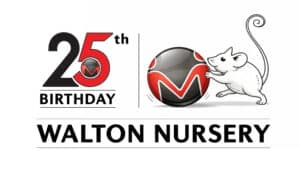 Walton Nursery mouse logo pushing the MKPS circular logo with 25th anniversary detail